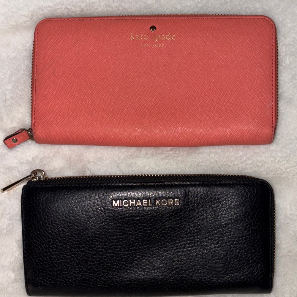 GUC 2 Pieces kate spade coral zip-around with gold logo and MK BLACK wallets
